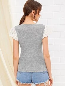 Áo thun Tương phản ren Xám Casual - Xám - Xem 2