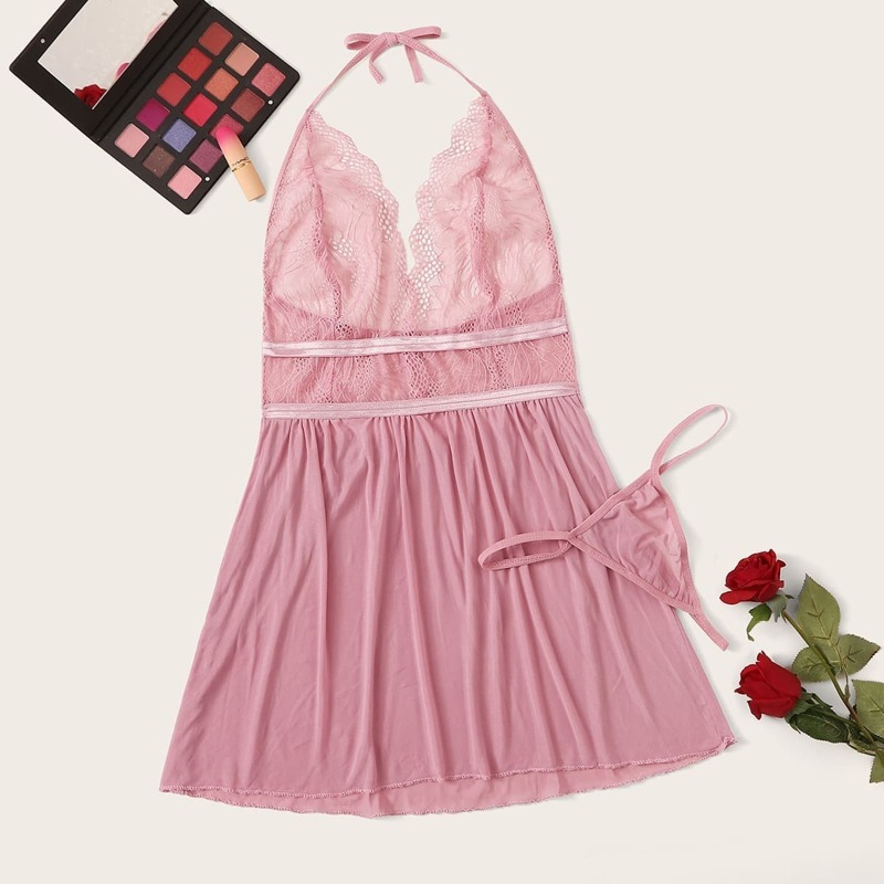 

Contrast Lace Slips With Thong, Pink