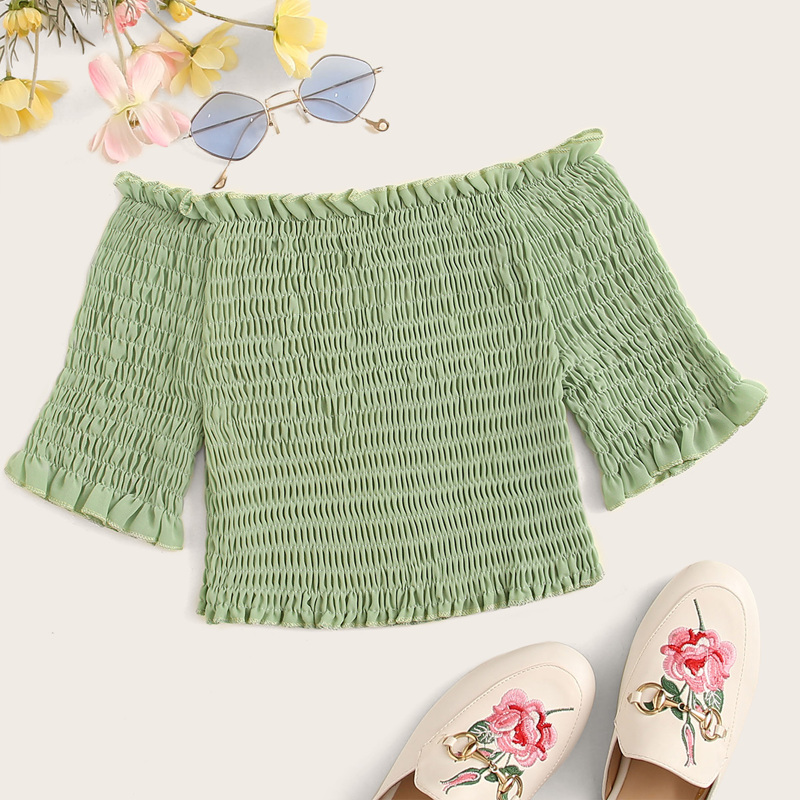 

Solid Shirred Frill Trim Blouse, Green