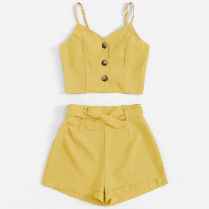 

Plus Button Front Cami Top With Belted Shorts, Yellow