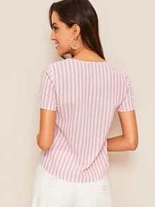 SHEIN Blusa de rayas con botón con bolsillo - Rosa Pálido - Ver 2