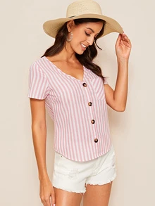 SHEIN Blusa de rayas con botón con bolsillo - Rosa Pálido - Ver 5