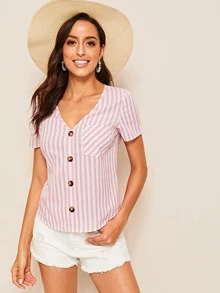 SHEIN Blusa de rayas con botón con bolsillo - Rosa Pálido - Ver 1