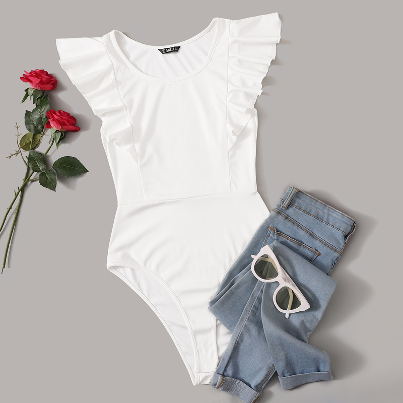 

Solid Ruffled Cheeky-Cut Bodysuit, White