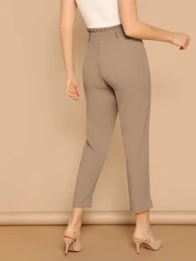 SHEIN Pantalones cónicos sólidos de cintura con volante - Caqui - Ver 2