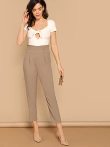 SHEIN Pantalones cónicos sólidos de cintura con volante - Caqui - Ver 5