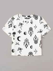 SHEIN 民族印花帽袖tee - 白色 - 查看 4