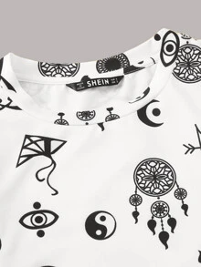 SHEIN 民族印花帽袖tee - 白色 - 查看 3
