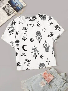 SHEIN 民族印花帽袖tee - 白色 - 查看 1