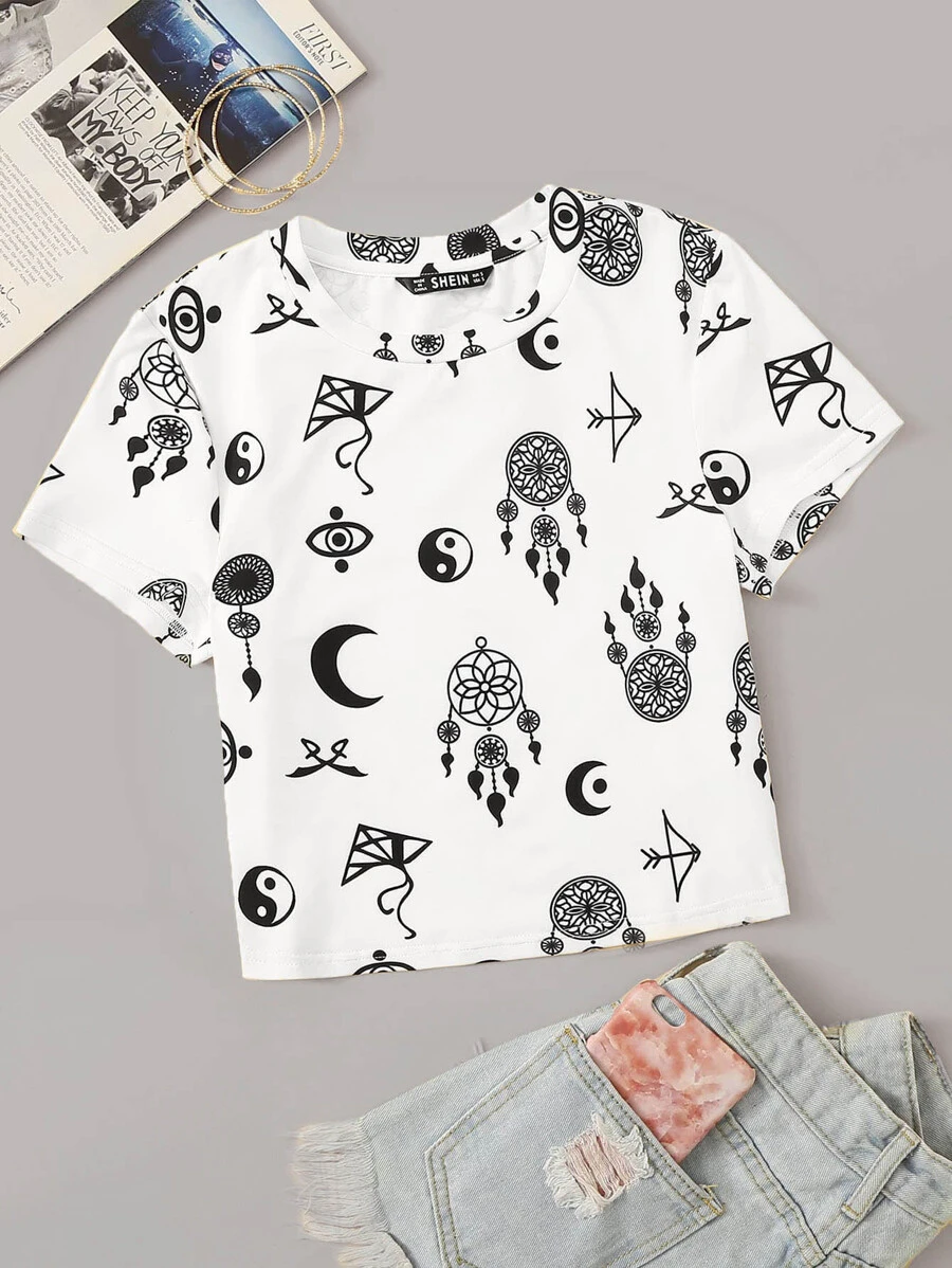 SHEIN 民族印花帽袖tee - 白色 - 查看 1