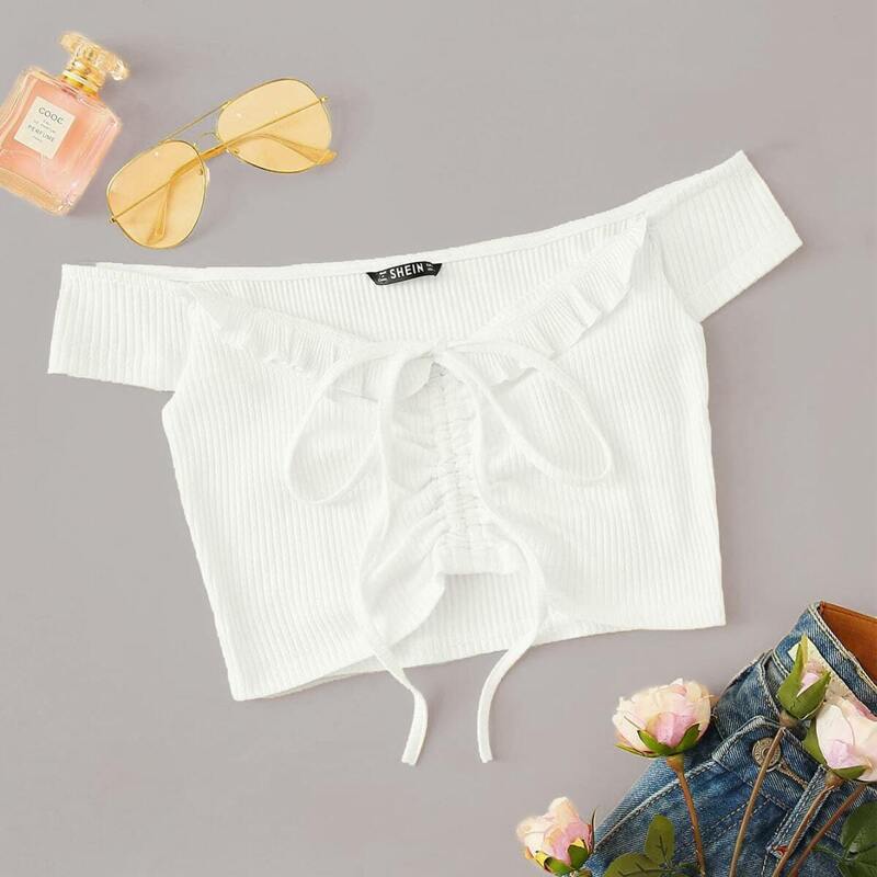 

Off Shoulder Ruched Drawstring Front Ribbed Top, White