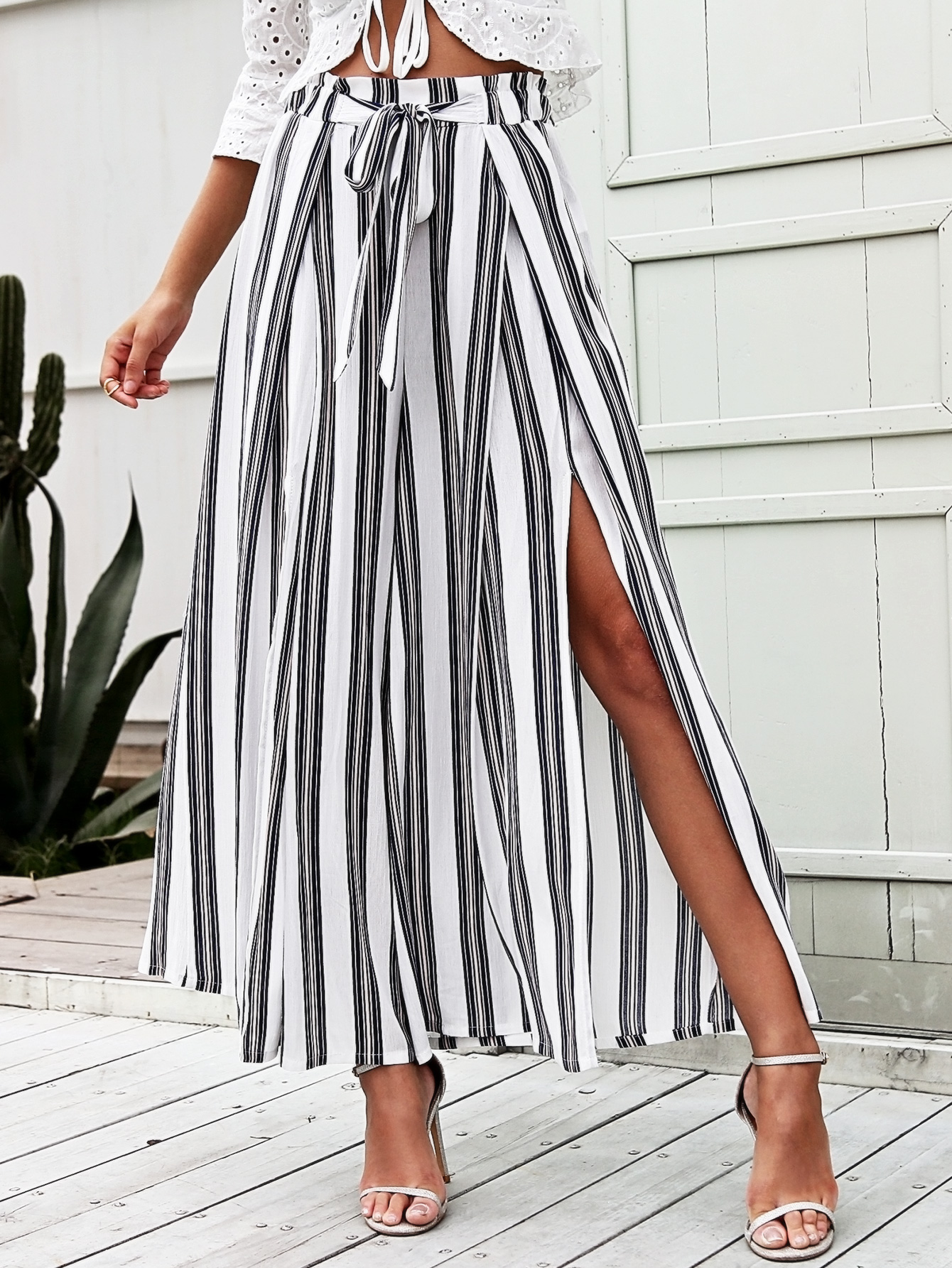 Split Thigh Tie Waist Striped Wide Leg Pants thumbnail