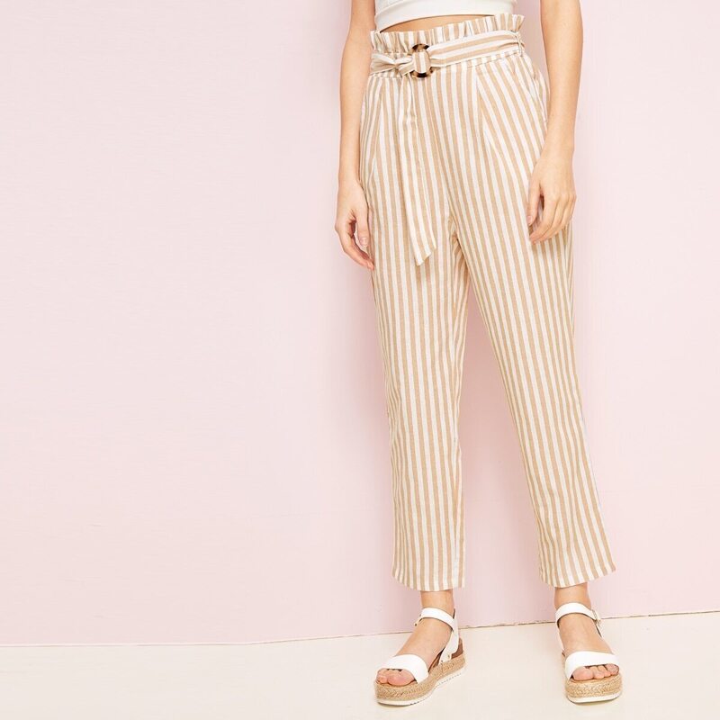 

Paperbag Waist O-ring Belt Striped Pants, Multicolor