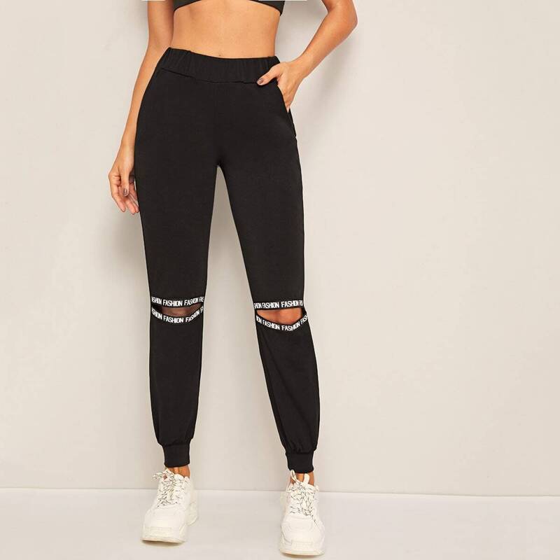 

Letter Tape Cut Out Sweatpants, Black