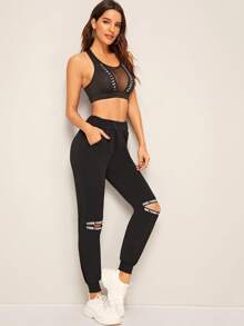 Pantalones deportivos con abertura con cinta con letra - Negro - Ver 5