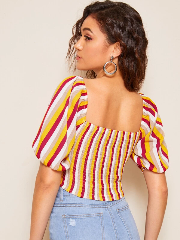 SheIn Womens Off Shoulder Striped Shirt Crop Top Short Sleeve Shirred Trim Button Front Blouse Multicolor X-Small SheIn Womens Off Shoulder Striped Shirt Crop Top Short Sleeve Shirred Trim Button Front Blouse Multicolor X-Small