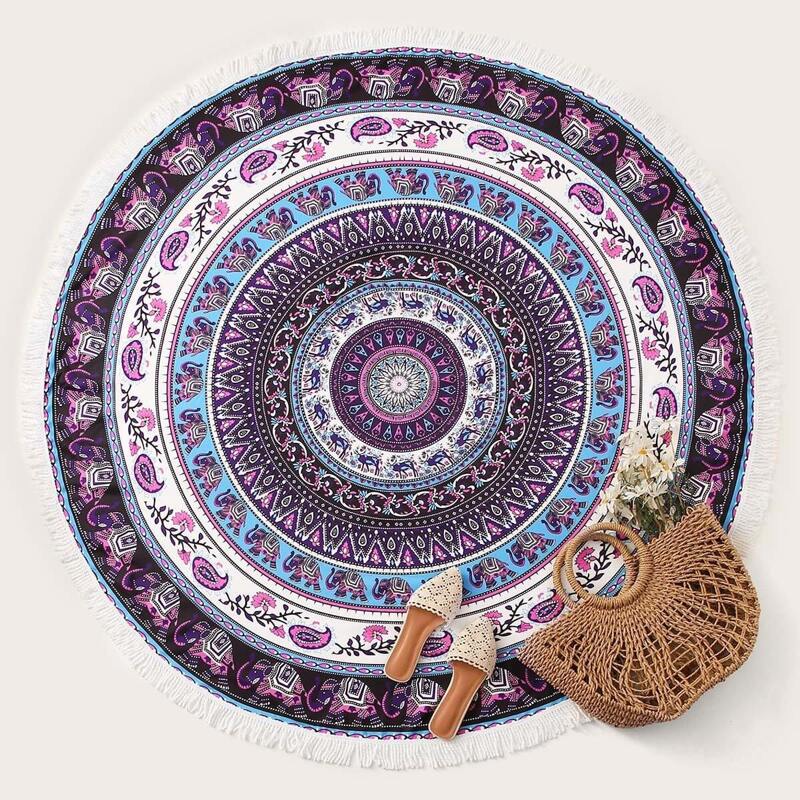 

Paisley Print Fringe Trim Round Beach Blanket, Multicolor