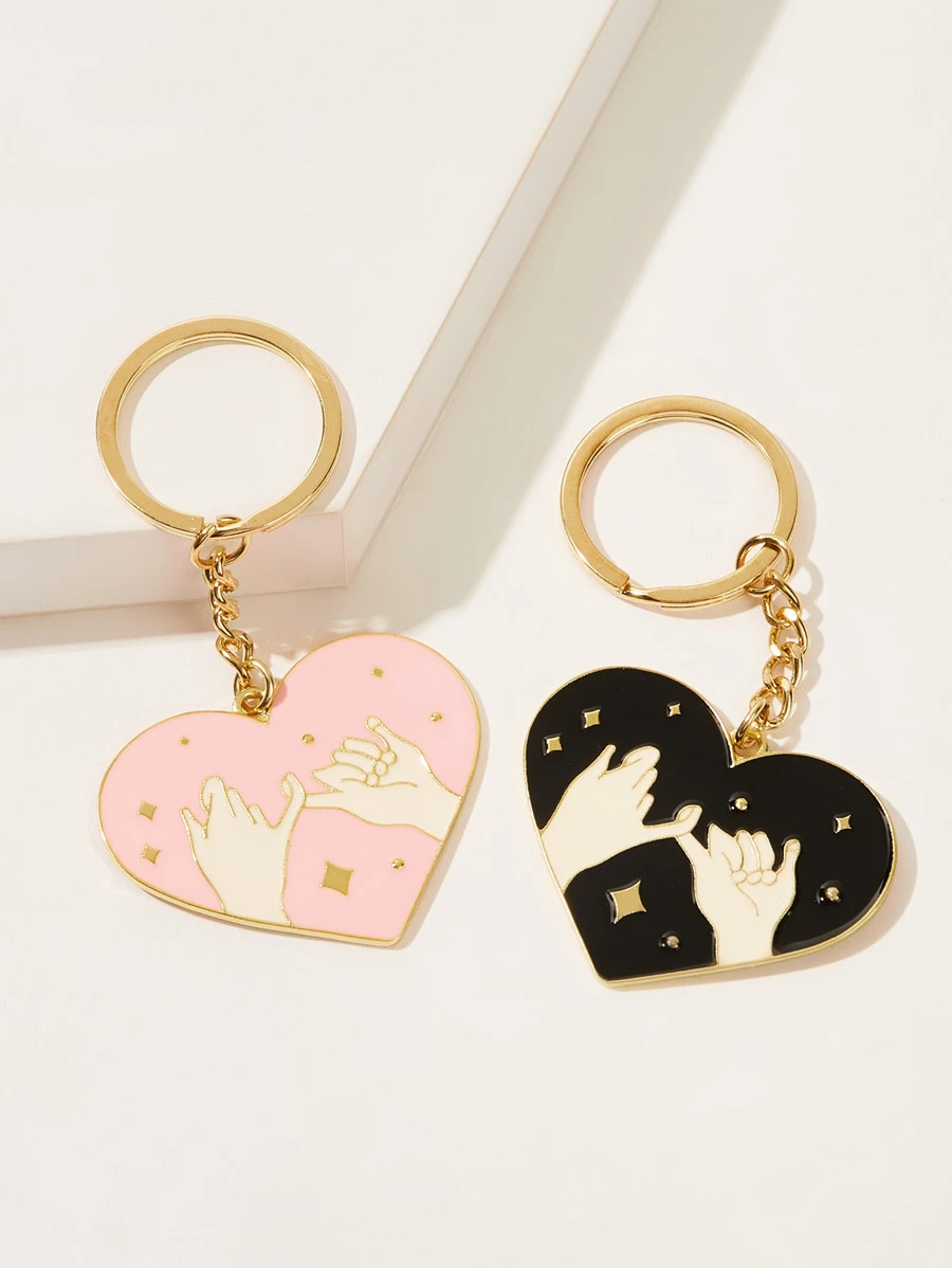 Hand Pattern Heart Shaped Keychain 2pcs - Multicolor - View 1