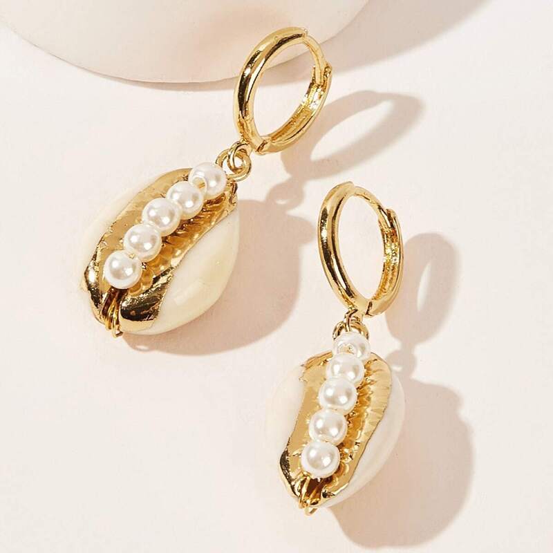 

Faux Pearl Decor Shell Drop Hoop Earrings 1pair, Gold