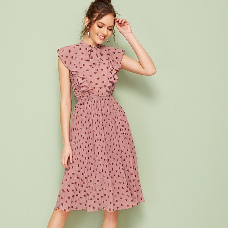 

Tie Neck Ruffle Trim Pleated Dress, Dusty pink