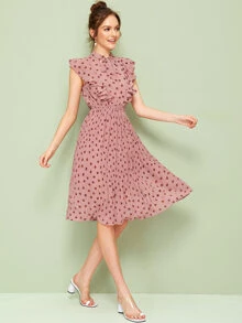 SHEIN 繫帶領荷葉邊百褶連衣裙