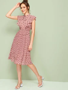 SHEIN 繫帶領荷葉邊百褶連衣裙