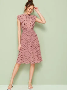 SHEIN 繫帶領荷葉邊百褶連衣裙