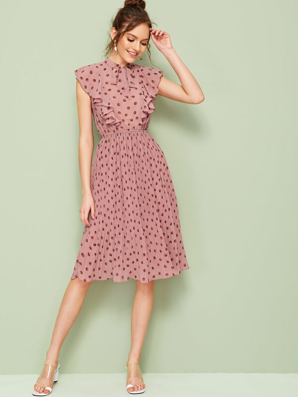 SHEIN 繫帶領荷葉邊百褶連衣裙