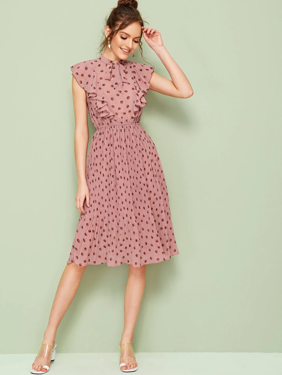 SHEIN 繫帶領荷葉邊百褶連衣裙