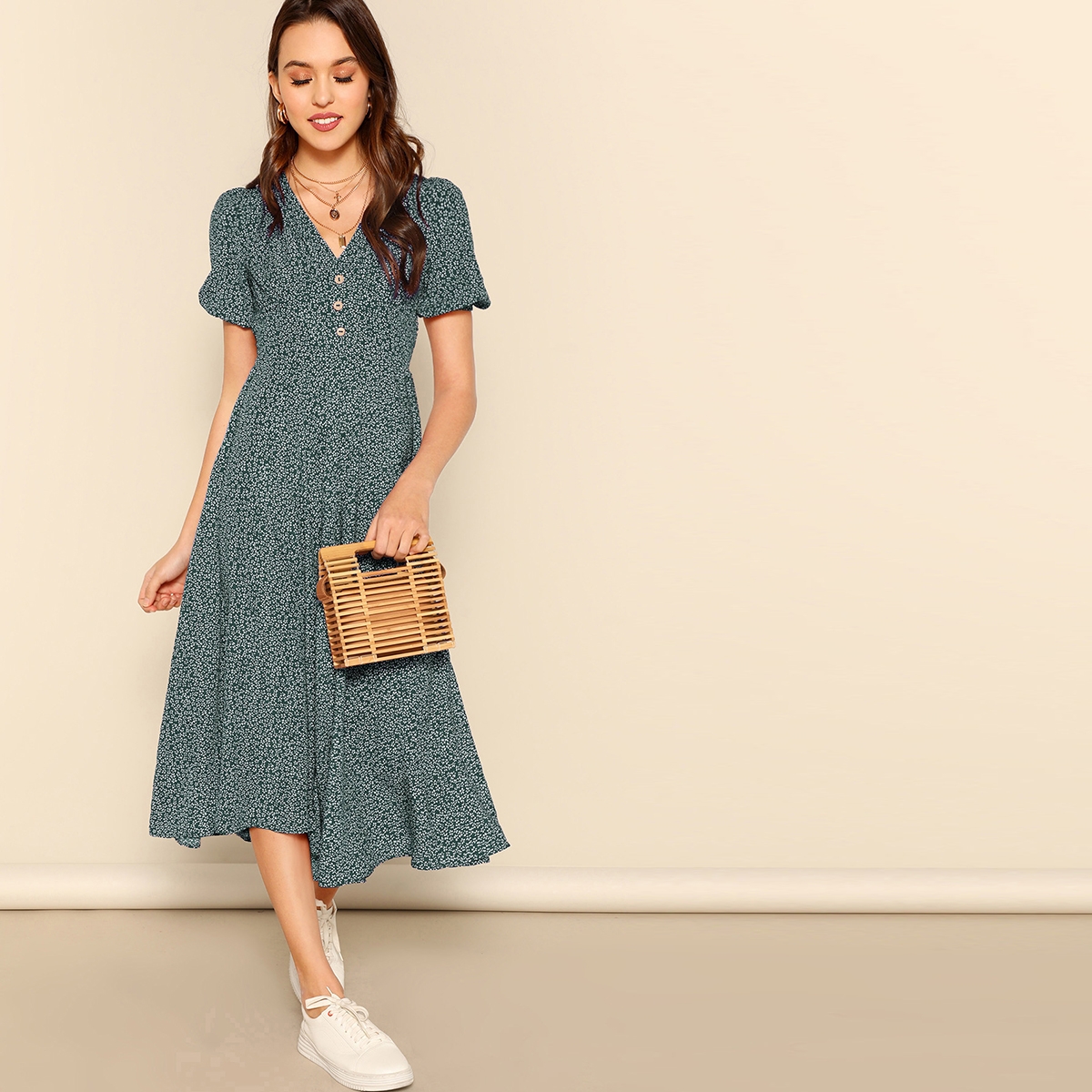 Image of Allover Print Puff Sleeve Button Detail Tea Dress