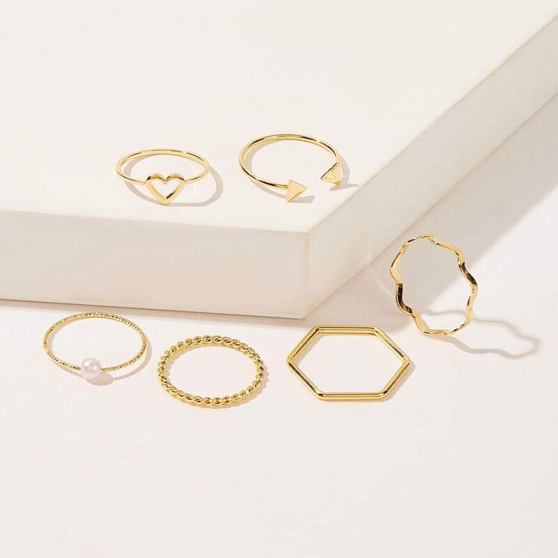 

Heart & Faux Pearl Decor Rings 6pcs, Gold