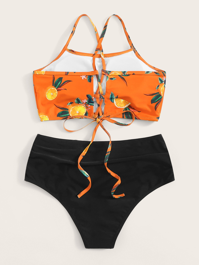 

Random Orange Print Lace-up Back Top With Ruched Bikini, Multicolor