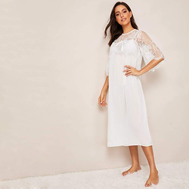 

Bow Front Lace Yoke Night Dress, White