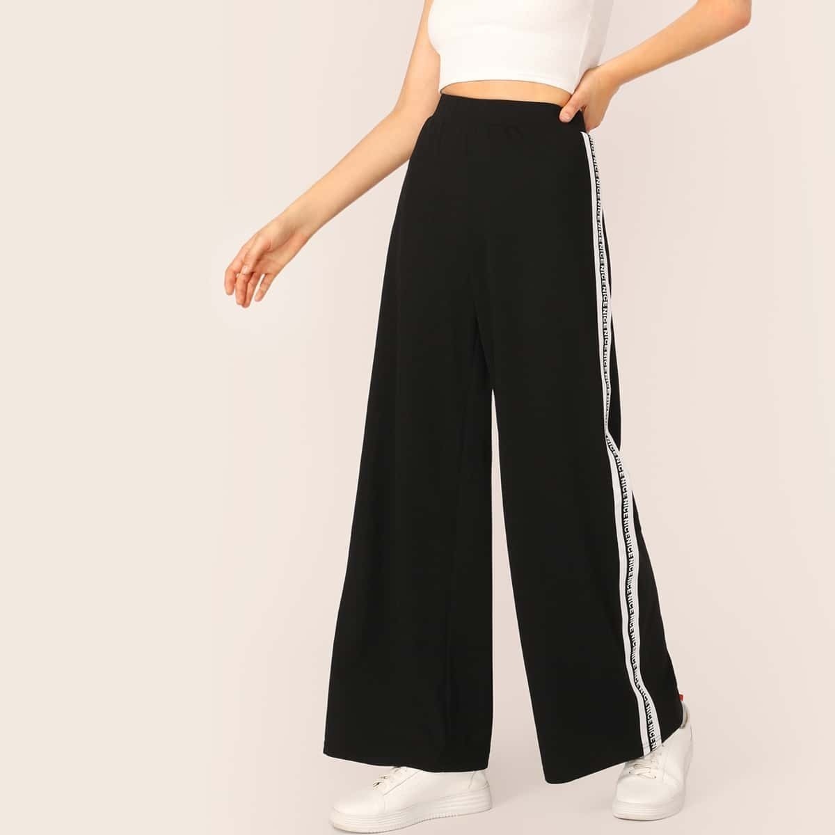 

Lettering Tape Side Wide Leg Pants, Black