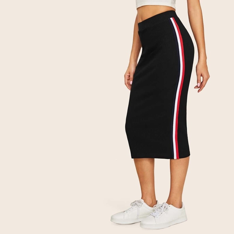 

Striped Tape Side Rib-knit Bodycon Skirt, Black