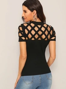 SHEIN Privé Áo thun Cắt ra màu trơn màu đen Sexy - màu đen - Xem 1