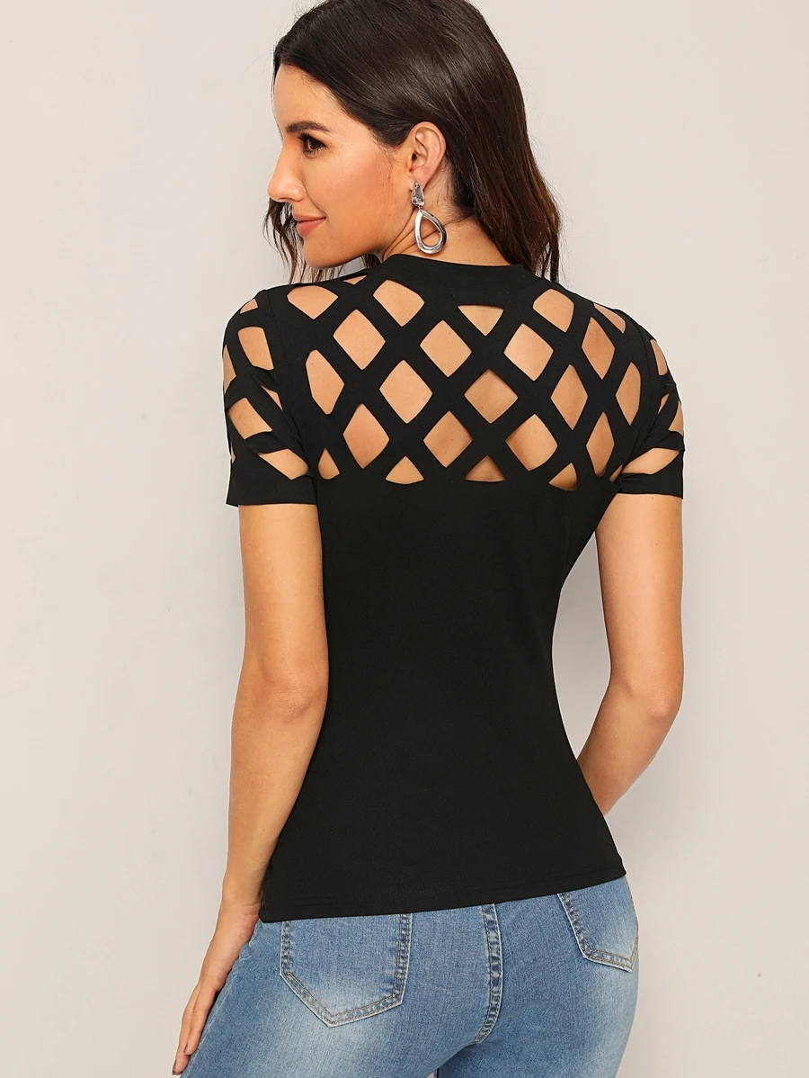 SHEIN Privé Áo thun Cắt ra màu trơn màu đen Sexy - màu đen - Xem 1