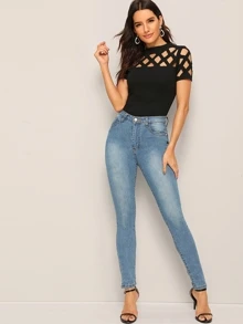 SHEIN Privé Áo thun Cắt ra màu trơn màu đen Sexy - màu đen - Xem 3