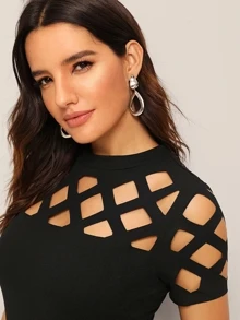 SHEIN Privé Áo thun Cắt ra màu trơn màu đen Sexy - màu đen - Xem 5