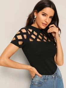 SHEIN Privé Áo thun Cắt ra màu trơn màu đen Sexy - màu đen - Xem 2