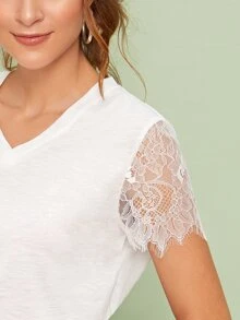 SHEIN 纯色蕾絲袖上衣 - 白色 - 查看 5