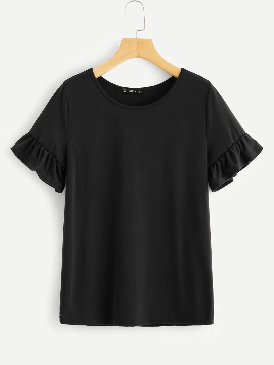 SHEIN LUNE Top de puño fruncido sólido - Negro - Ver 1