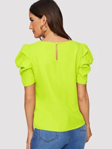 SHEIN Clasi Camisa de espalda con abertura de ojo de manga reunida de color neón - Verde Lima - Ver 2