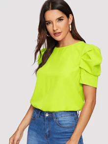 SHEIN Clasi Camisa de espalda con abertura de ojo de manga reunida de color neón - Verde Lima - Ver 4