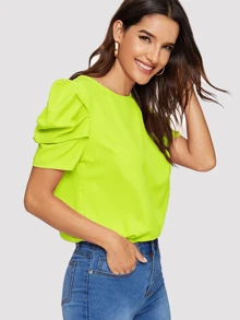 SHEIN Clasi Camisa de espalda con abertura de ojo de manga reunida de color neón - Verde Lima - Ver 5