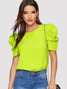 SHEIN Clasi Camisa de espalda con abertura de ojo de manga reunida de color neón - Verde Lima - Ver 1