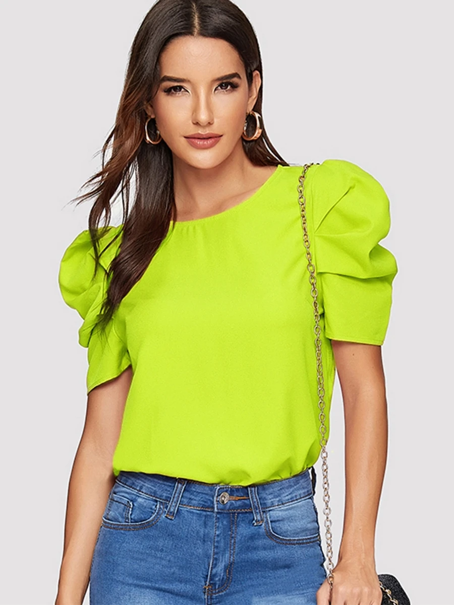 SHEIN Clasi Camisa de espalda con abertura de ojo de manga reunida de color neón - Verde Lima - Ver 1