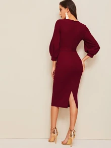 Mulvari Self Belted Split Hem Surplice Wrap Dress - Burgundy - View 2