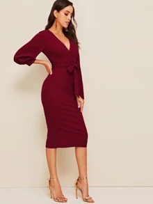 Mulvari Self Belted Split Hem Surplice Wrap Dress - Burgundy - View 4