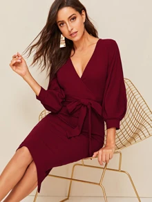 Mulvari Self Belted Split Hem Surplice Wrap Dress - Burgundy - View 5